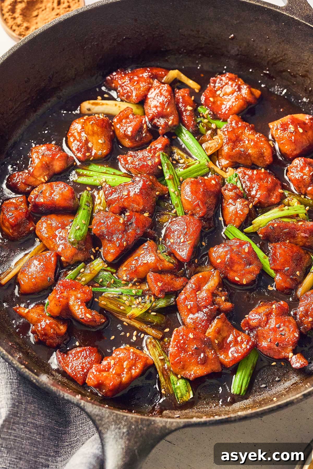 A skillet filled with Five Spice Chicken Stir Fry, featuring cooked chicken pieces coated in a dark sauce, mixed with green onions and sprinkled with sesame seeds.