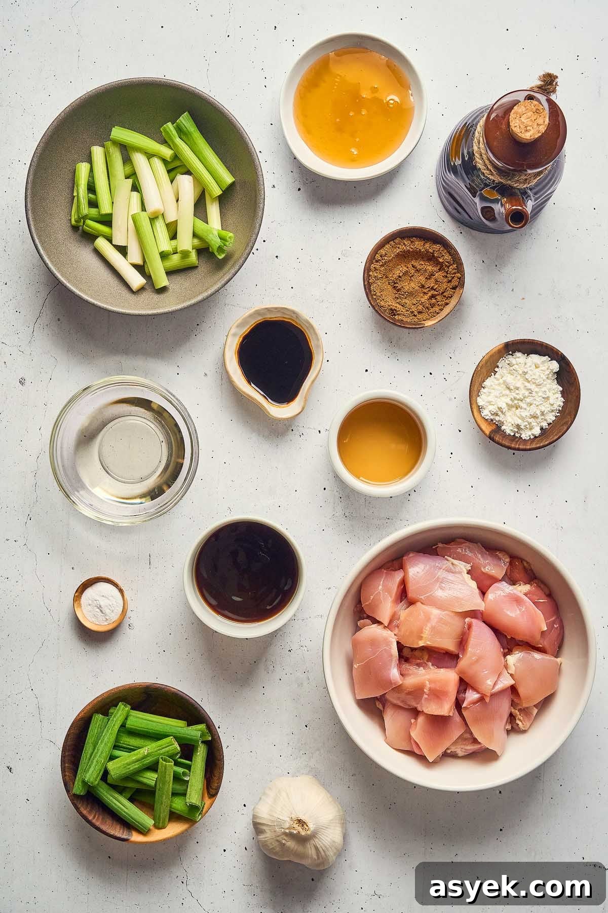 Bowls of chopped chicken and green onions are ready for a Five Spice Chicken Stir Fry, surrounded by vibrant sauces, spices, and a whole garlic bulb on a pristine white surface.