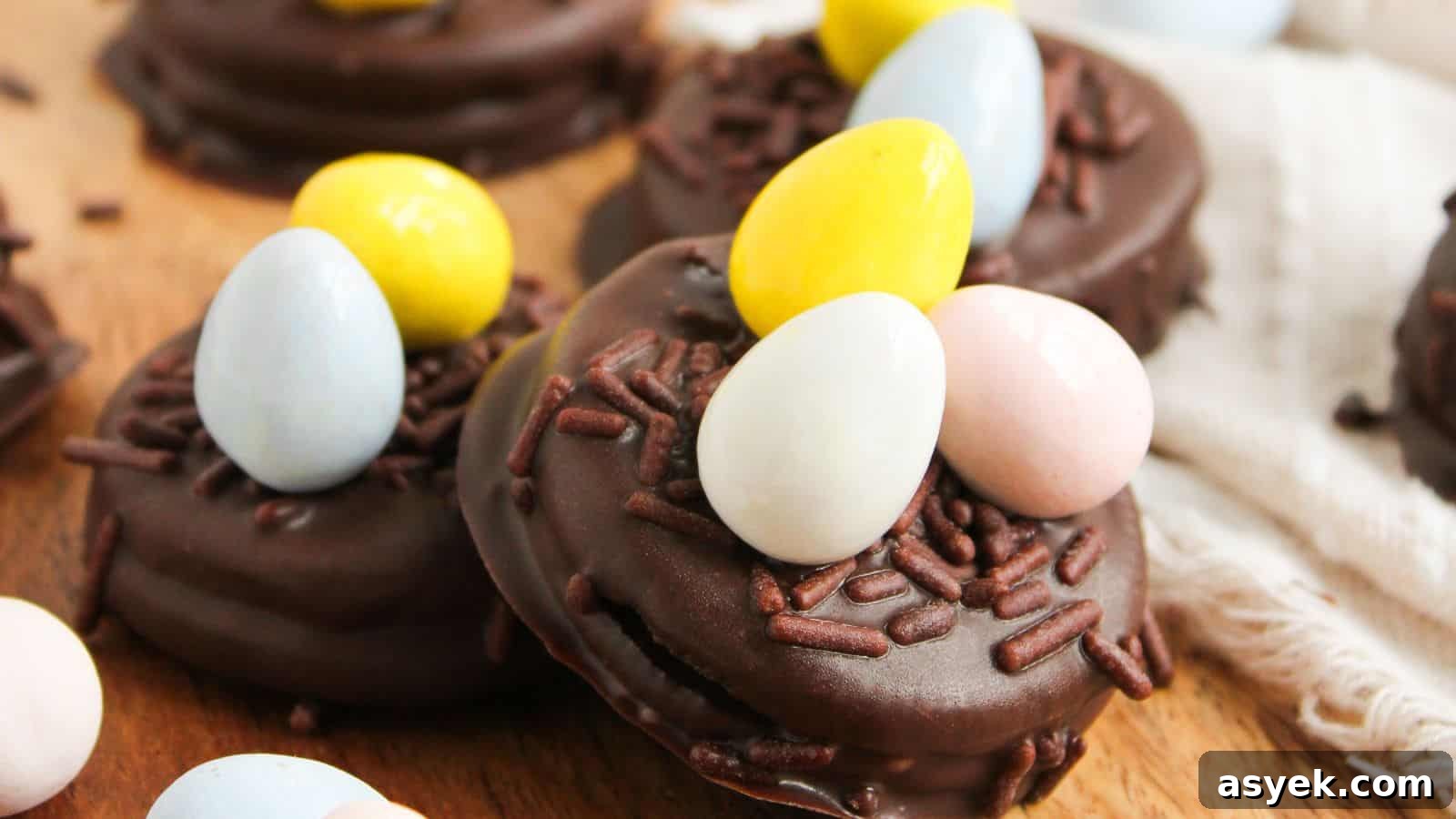 Chocolate cookies topped with colorful candy eggs and chocolate sprinkles on a wooden surface.