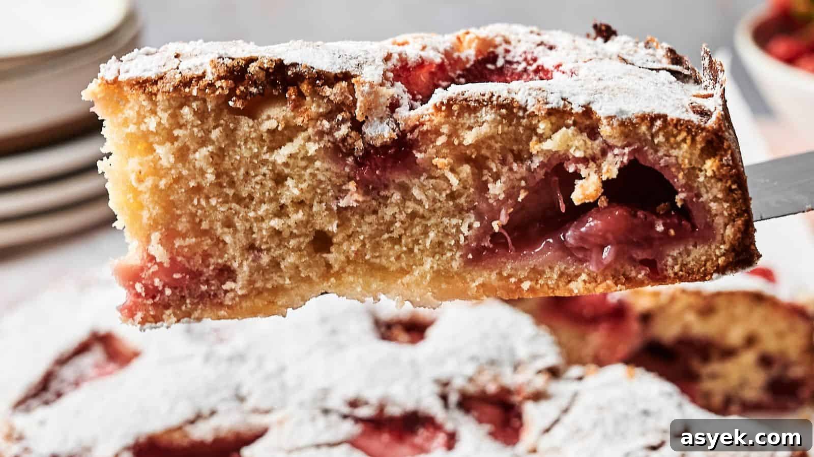 Close-up of a slice of strawberry cake dusted with powdered sugar, showing a fluffy texture and pieces of strawberries inside.