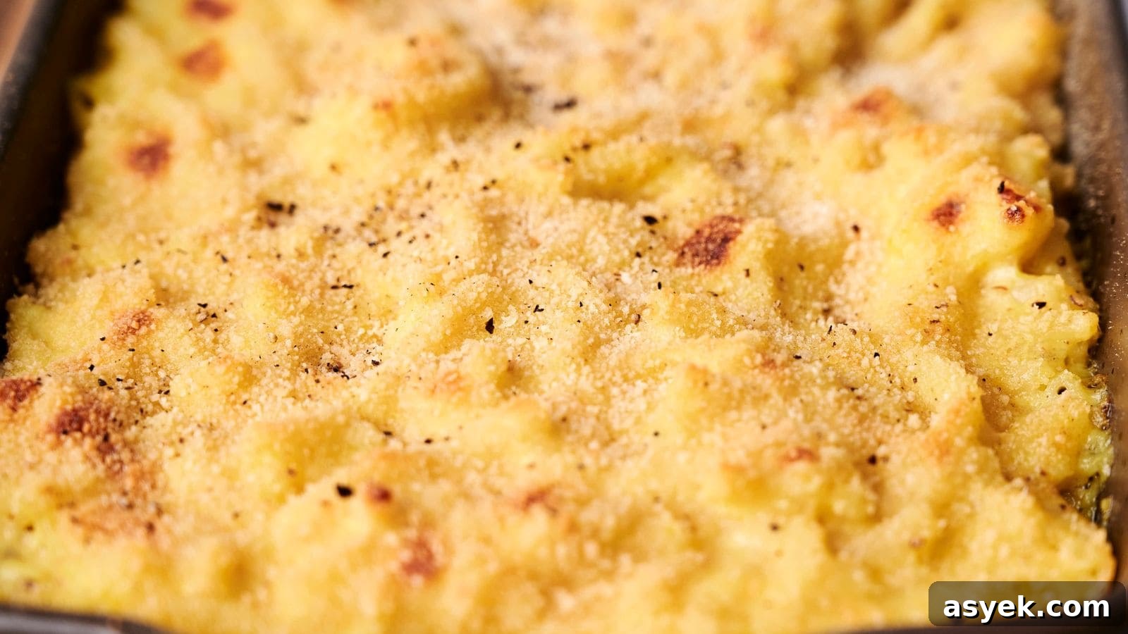 Close-up of a creamy, golden-brown macaroni and cheese dish with a crunchy breadcrumb topping reminiscent of comforting funeral potatoes. A spoon is partially submerged in the cheese sauce.