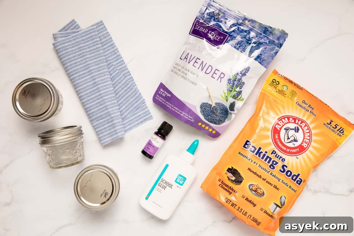 Lavender essential oil. baking soda, lavender buds, school glue, mason jars and fabric
