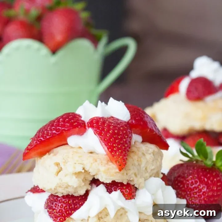 Easy strawberry shortcake recipe for summer! Perfectly textured shortcake layered with homemade whipped cream and bright red strawberries!