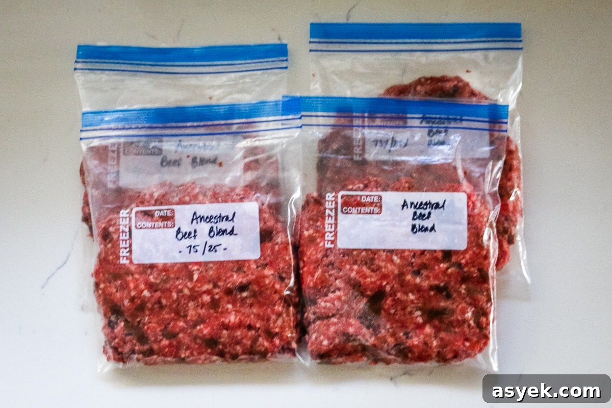 Ground beef with organ meat in freezer ziplocks.