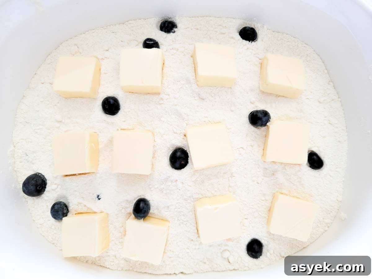 Zesty Lemon Cake with Blueberry Filling 6 pats of butter, fresh blueberries, and dry cake mix over blueberries in a large dish.