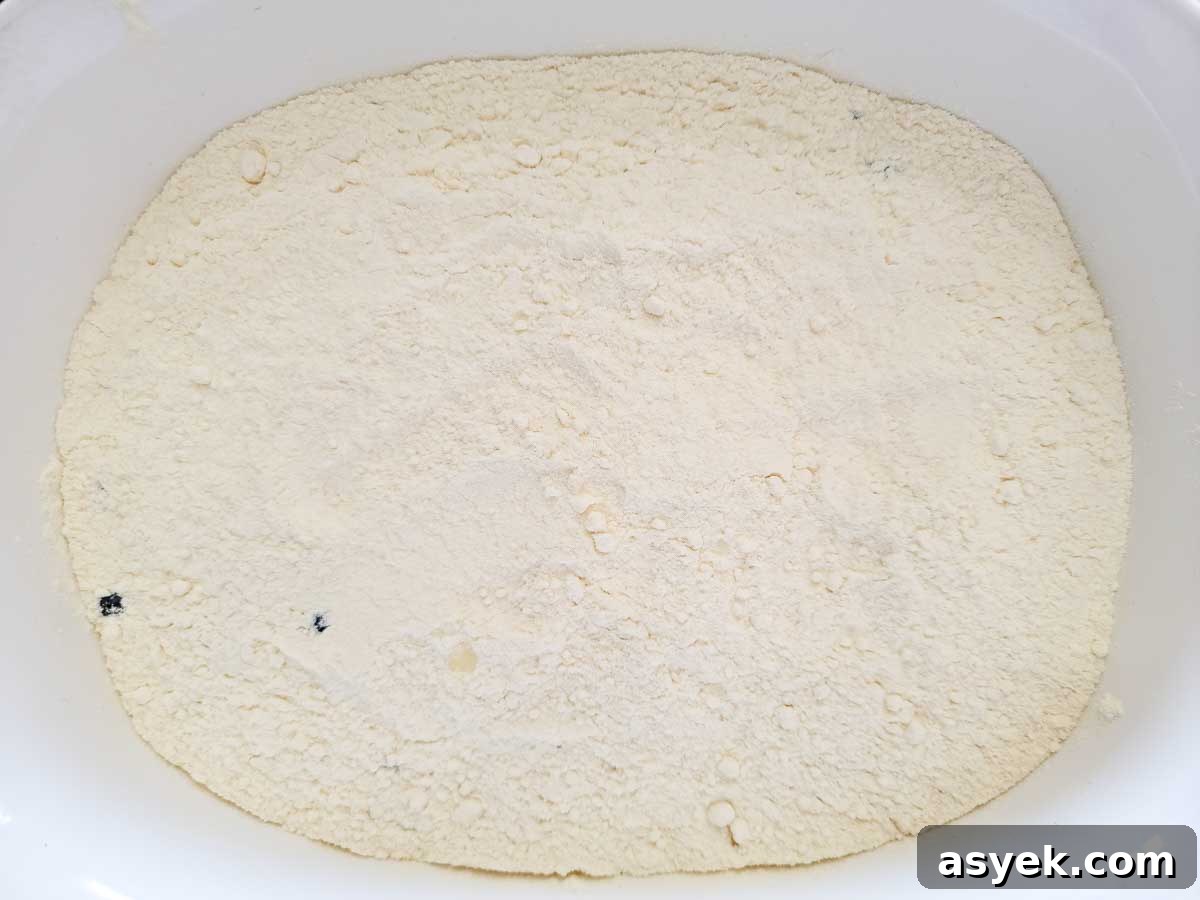 Zesty Lemon Cake with Blueberry Filling 5 dry cake mix over blueberries in a large dish.