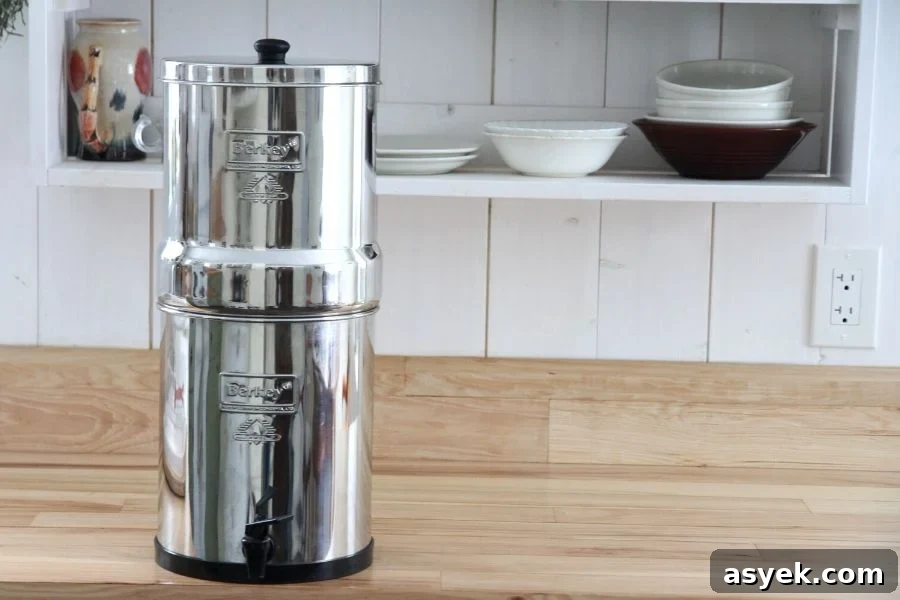 An assembled, Berkey water filter sitting on the kitchen countertop. 