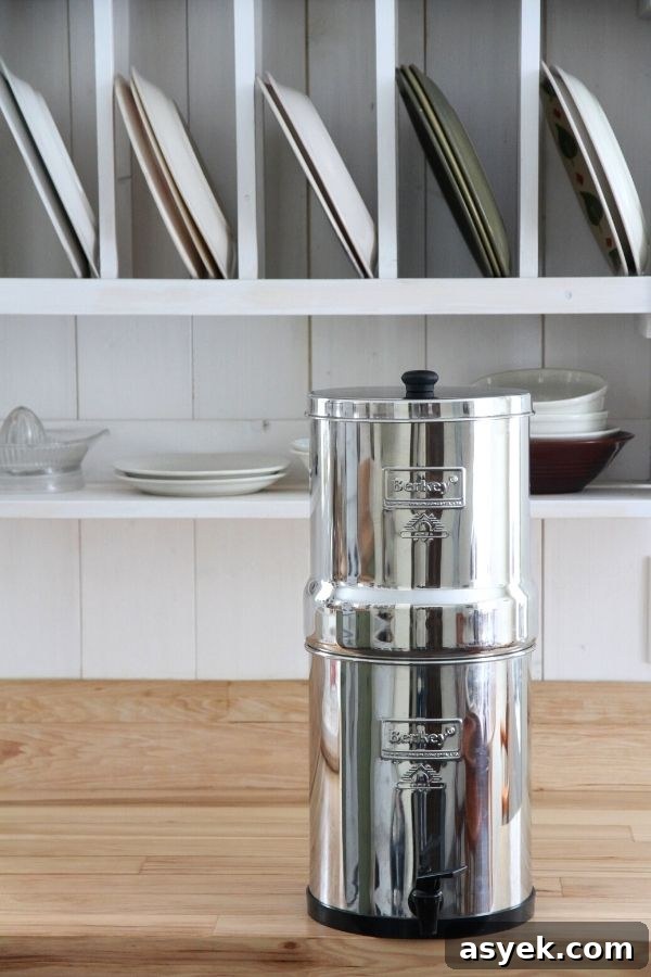 A shiny, silver Berkey sitting on a wooden, kitchen countertop