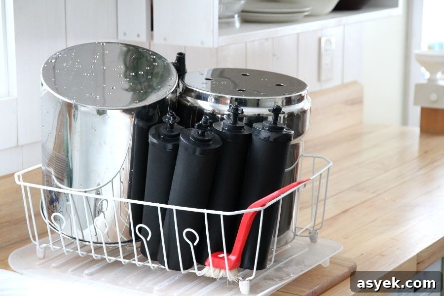 A disassembled Berkey water filter that has been washed and is now drying