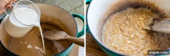adding milk to a roux in a large pot.