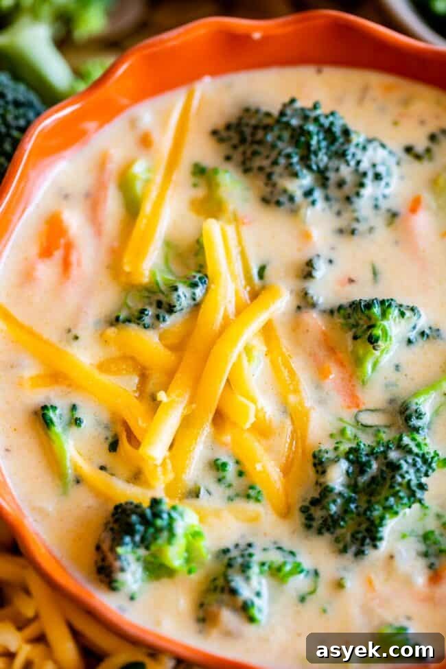 overhead shot of broccoli cheese soup in an orange bowl, sprinkled with cheddar cheese.