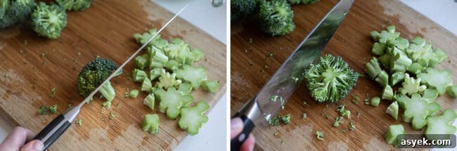 chopping broccoli stems on a cutting board.