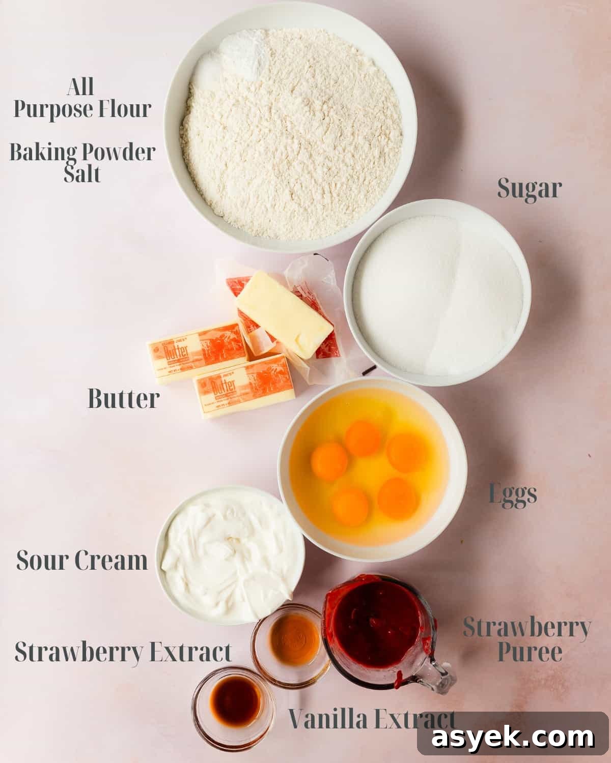 Strawberry Pound Cake - Dry Ingredients: all purpose flour, baking powder and salt. Wet Ingredients: fresh strawberry puree, granulated sugar, butter, eggs, vanilla extract, strawberry extract and sour cream.