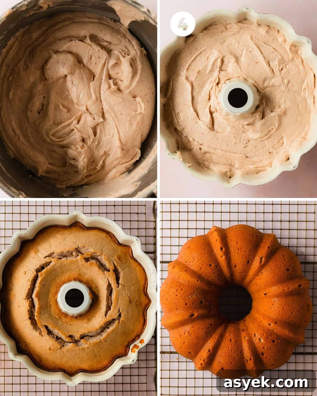 Evenly scoop the fresh strawberry and pound cake batter into the prepared bundt pan. Bake the strawberry pound cake for 60 - 70 minutes or until a toothpick inserted into the center of the pound cake comes out with a few moist crumbs. Cool the cake in the pan for 10 minutes. Invert the bundt cake pan onto another cooling rack or plate. Cool the cake completely before topping with the strawberry glaze.