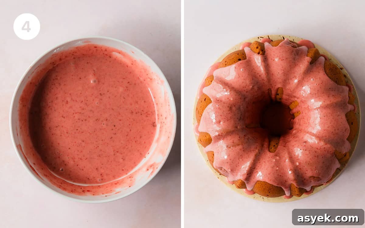 Make the strawberry glaze by whisking the remaining tablespoons of strawberry puree with the powdered sugar and heavy cream or milk until well combined. If needed add more milk or heavy cream for a thinner glaze or more sugar for a thicker glaze. Pour the glaze over the cooled pound cake strawberry cake. Serve with more fresh strawberries if you like. Allow 30 - 45 minutes for the glaze to set, slice and enjoy.