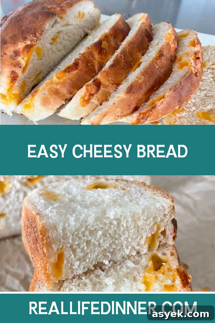 Two-photo Pinterest picture of Easy Cheesy Bread with the text of the title in the middle, separating the two photos.