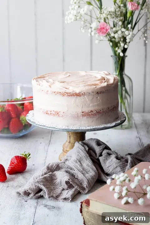A frosted strawberry cake on a cake stand