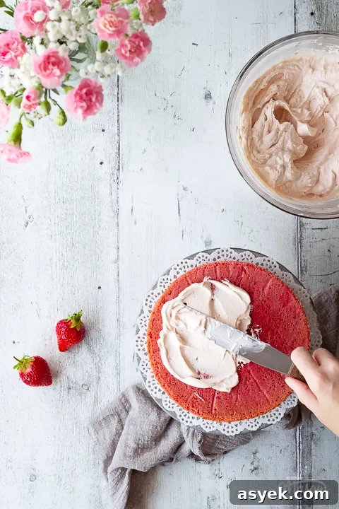 Someone spreading strawberry frosting onto a strawberry cake