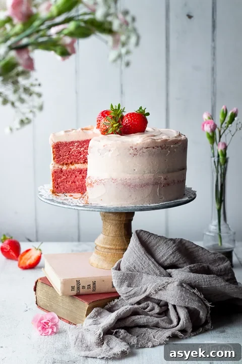 Someone pushing a fork into a slice of strawberry cake