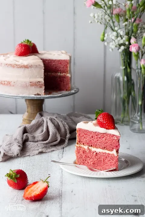 A slice of strawberry cake on a plate