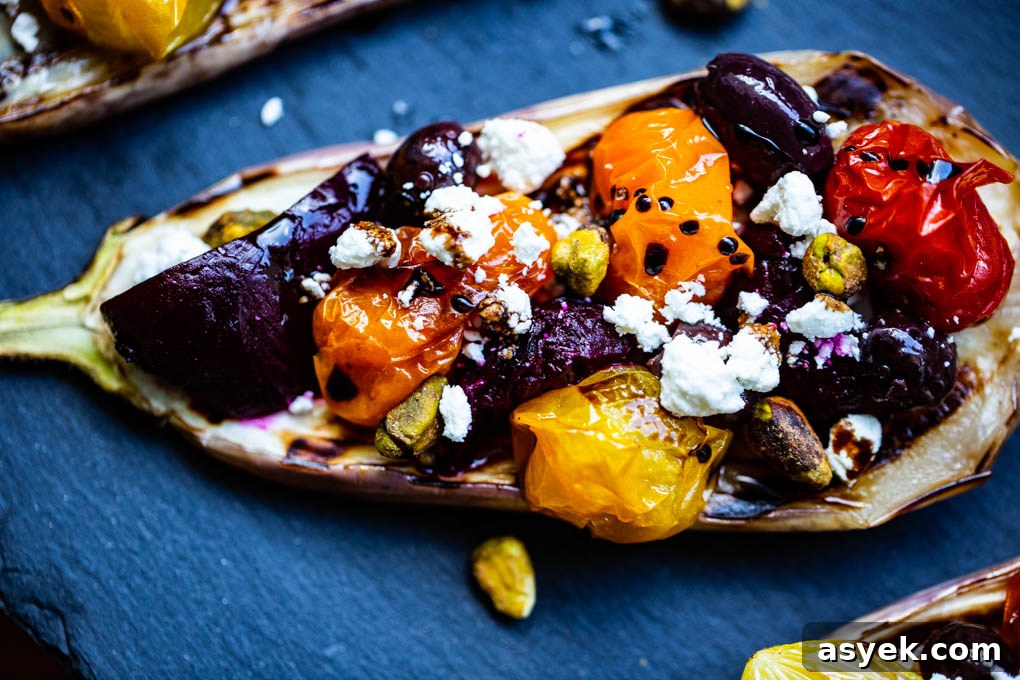Grilled Eggplant Bruschetta with Roasted Heirloom Tomatoes & Beets, goat cheese & balsamic reduction