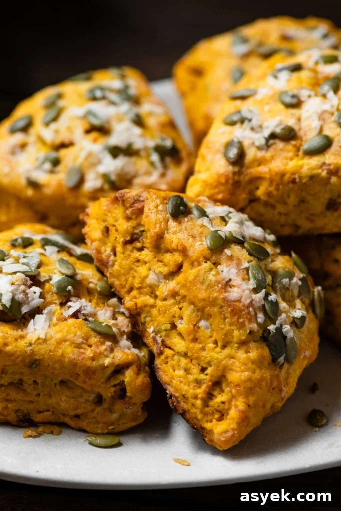 Savory Pumpkin Cheddar Scones 2 Close up of pumpkin scones topped with cheese and pepita seeds stacked on a plate.