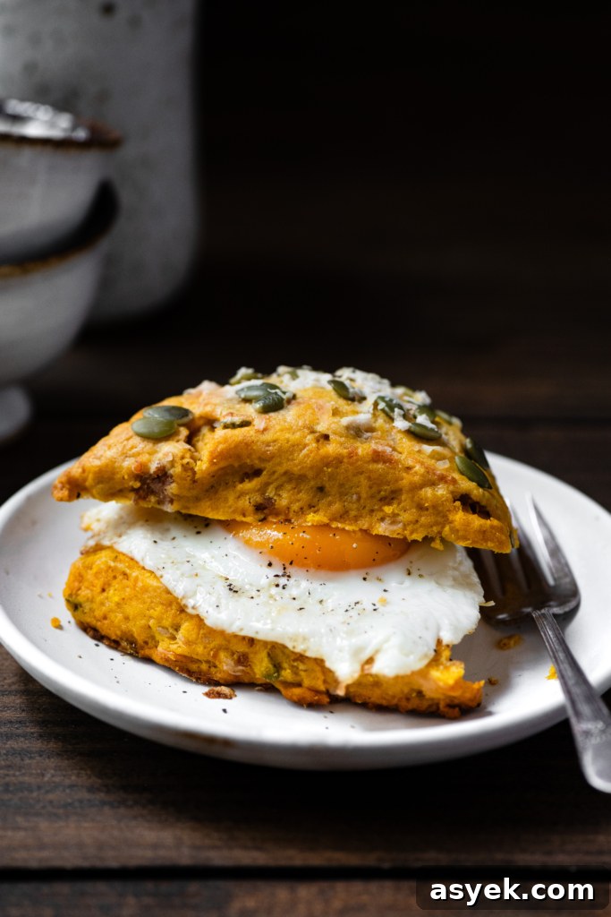Savory Pumpkin Cheddar Scones 4 Pumpkin scones cut in half with an over easy egg in the middle for a breakfast sandwich.