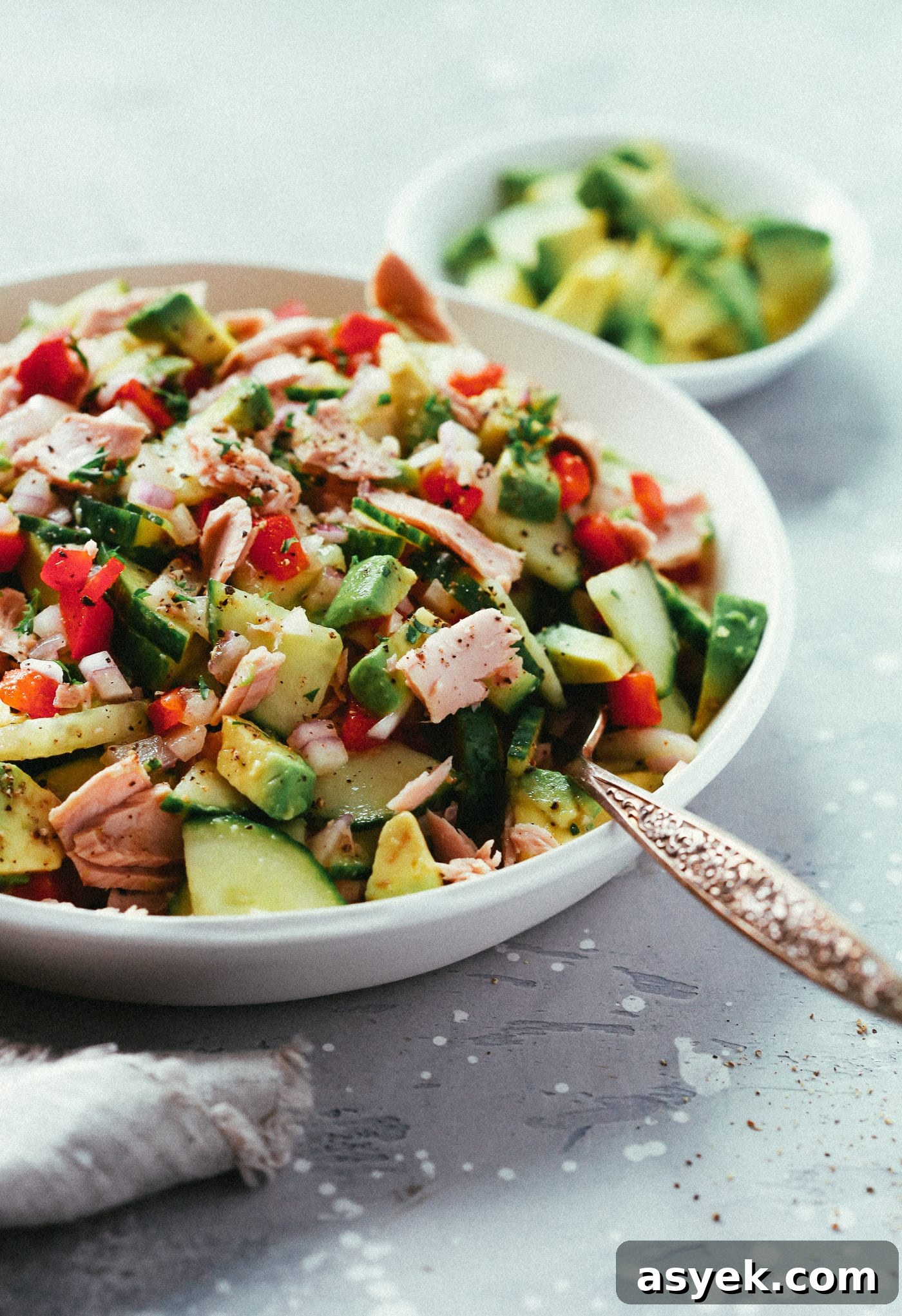 close-up of Avocado Tuna Salad in a white bowl 
