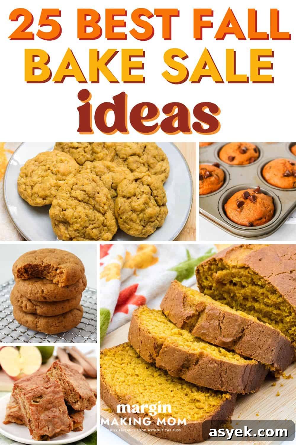 collage image featuring five of the best fall bake sale ideas, including cookies, muffins, breads, and bars made with classic fall flavors.
