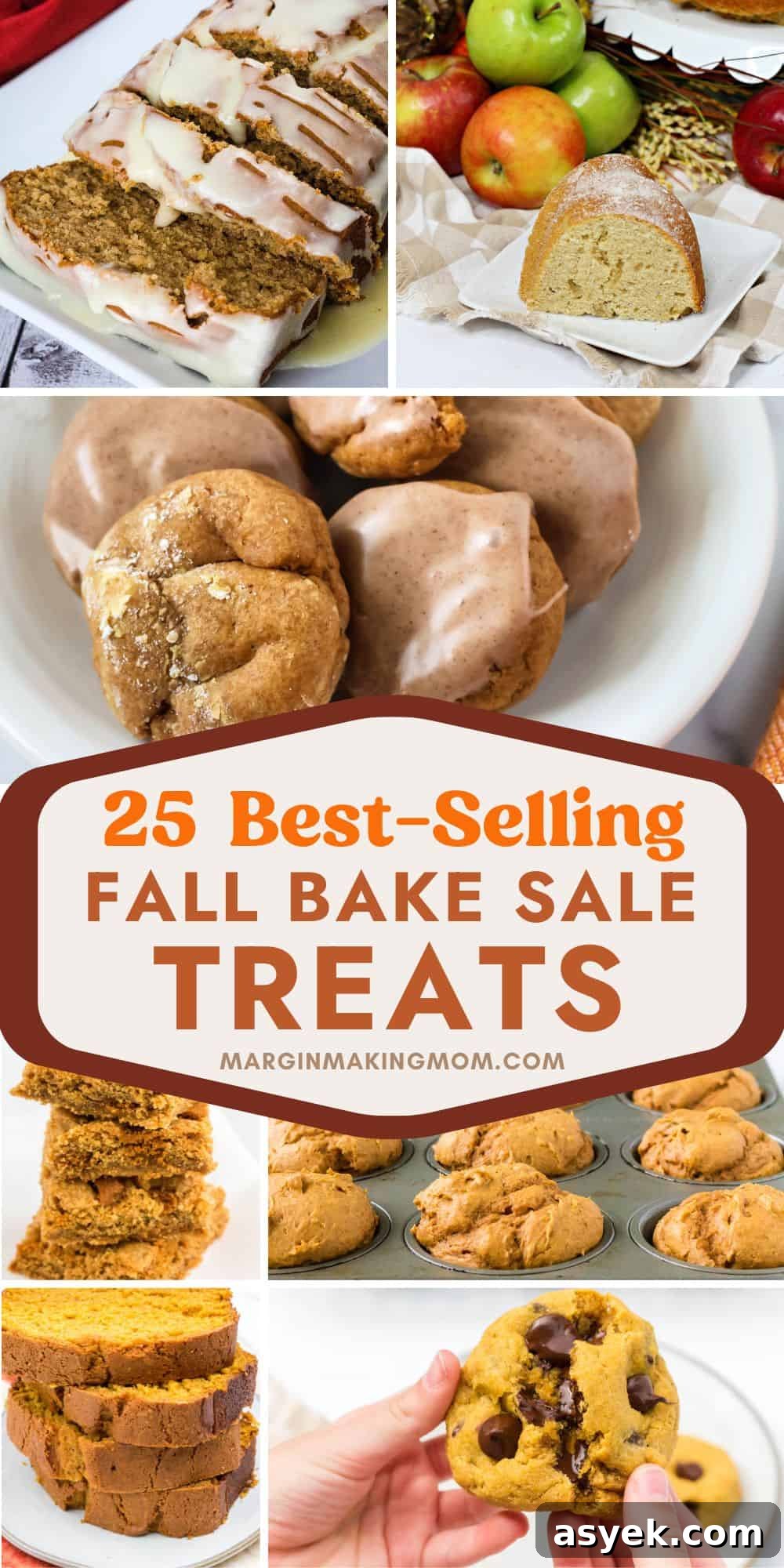 collage image featuring seven fall bake sale treats, including pumpkin and apple recipes.