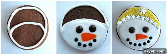 Iced Snowmen Sugar Cookies- easy directions and recipe for creating chocolate sugar cookies with snowmen smiles! | The Monday Box Iced Snowmen Sugar Cookies
