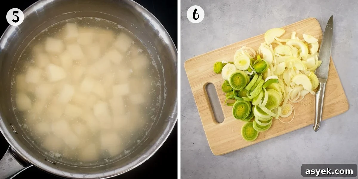 Boil potatoes and slice leeks
