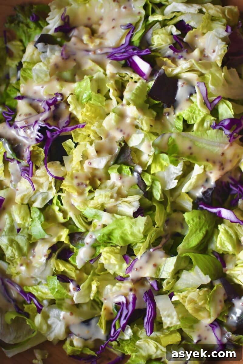 First stage of making the salad, mixing the chopped greens with a little bit of dressing.