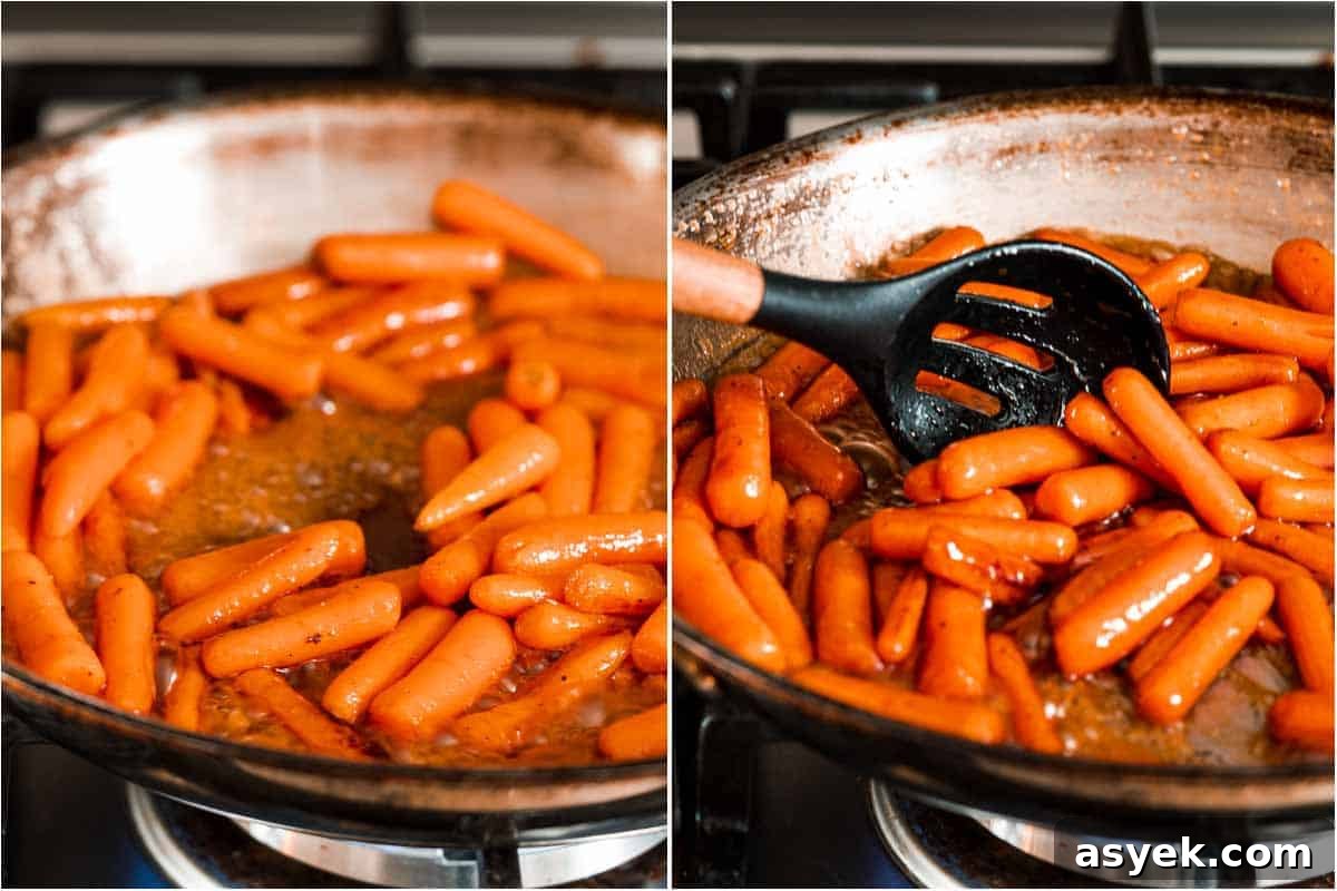collage of carrots in pan before and after cooking
