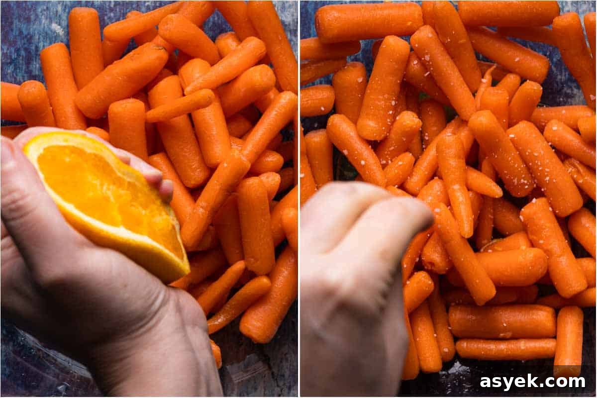 collage of orange being squeezed overtop carrots and salt being sprinkled on carrots