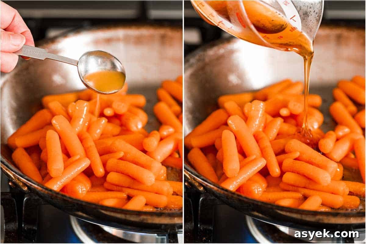 collage of pan of carrots with orange juice being added and honey being added