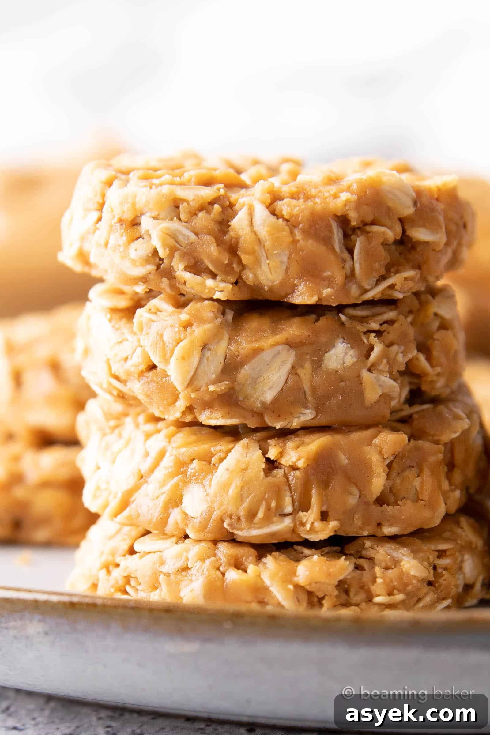 Closeup shot of a stack of peanut butter no bake cookies.