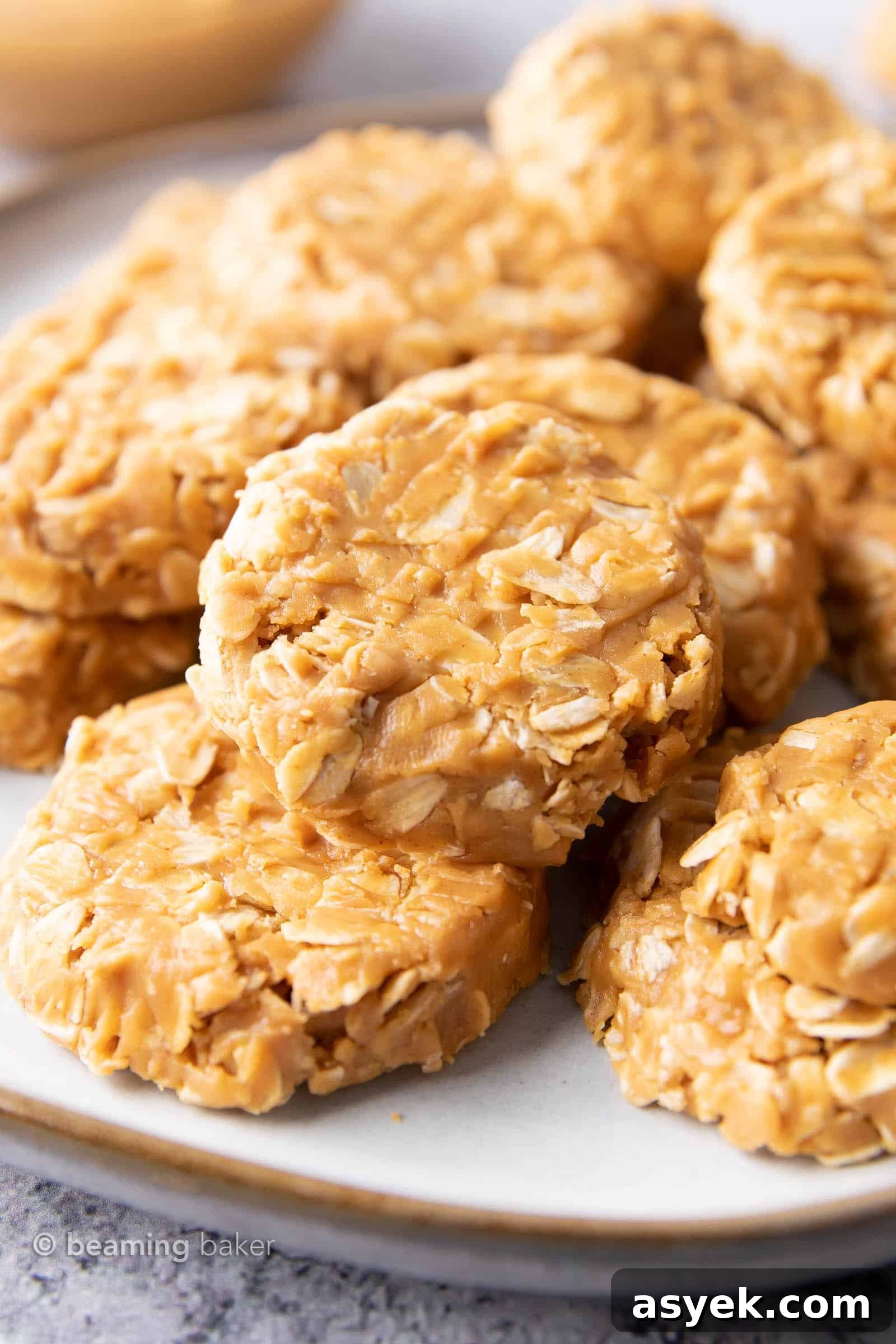 Closeup of cookies spread out on a gray plate.