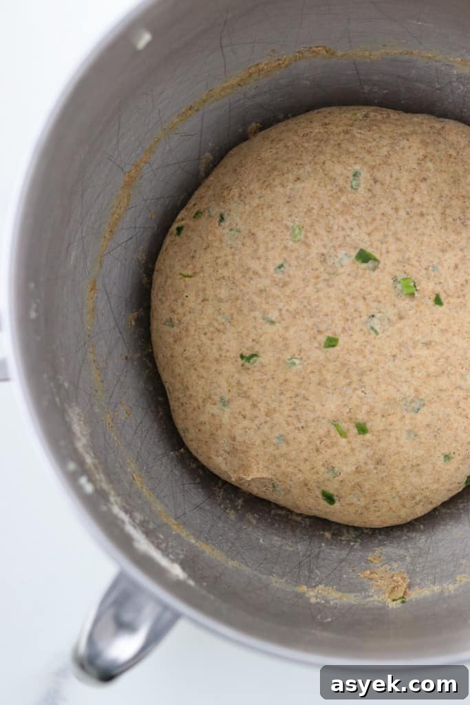 Soft Whole Wheat Rye Flatbread Recipe with Scallions 4 Flatbread dough in a silver bowl