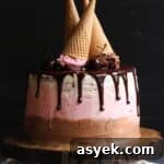 Neapolitan Cake topped with three upside-down ice cream cones.