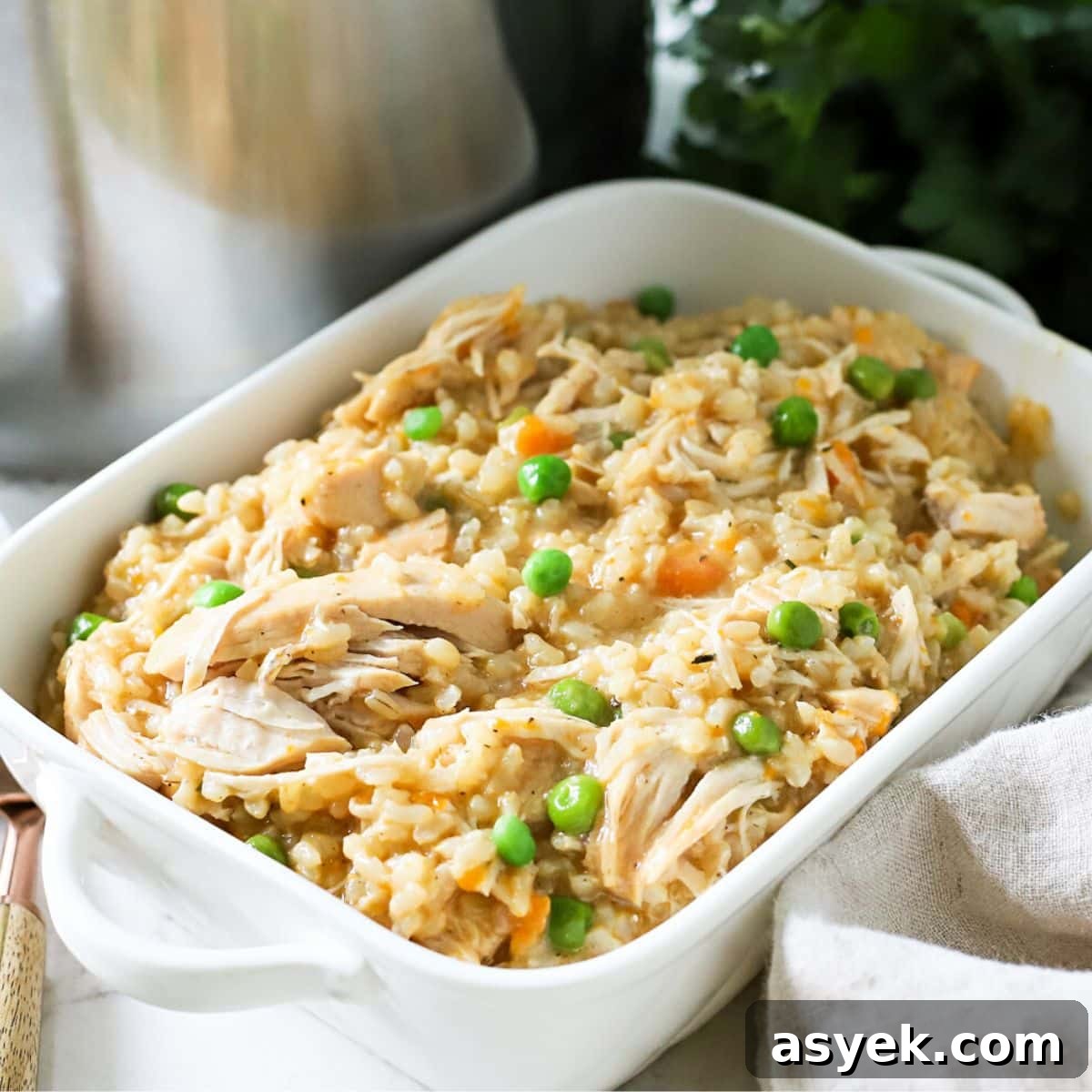 Creamy Instant Pot Chicken and Rice Casserole 2 Chicken and rice in a dish.