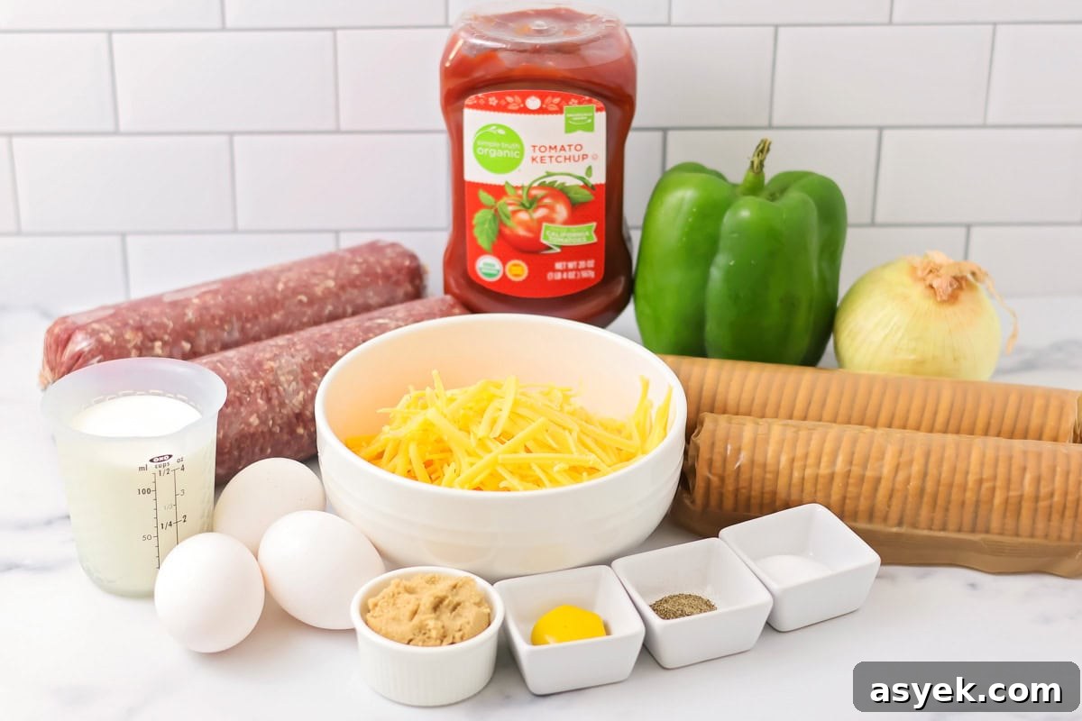 Ingredients for cracker barrel meatloaf on a white countertop.