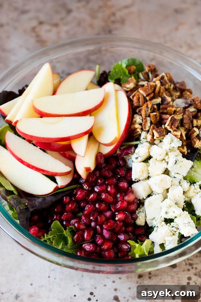 Lettuce topped with apples, blue cheese, pecans and pomegranate seeds.