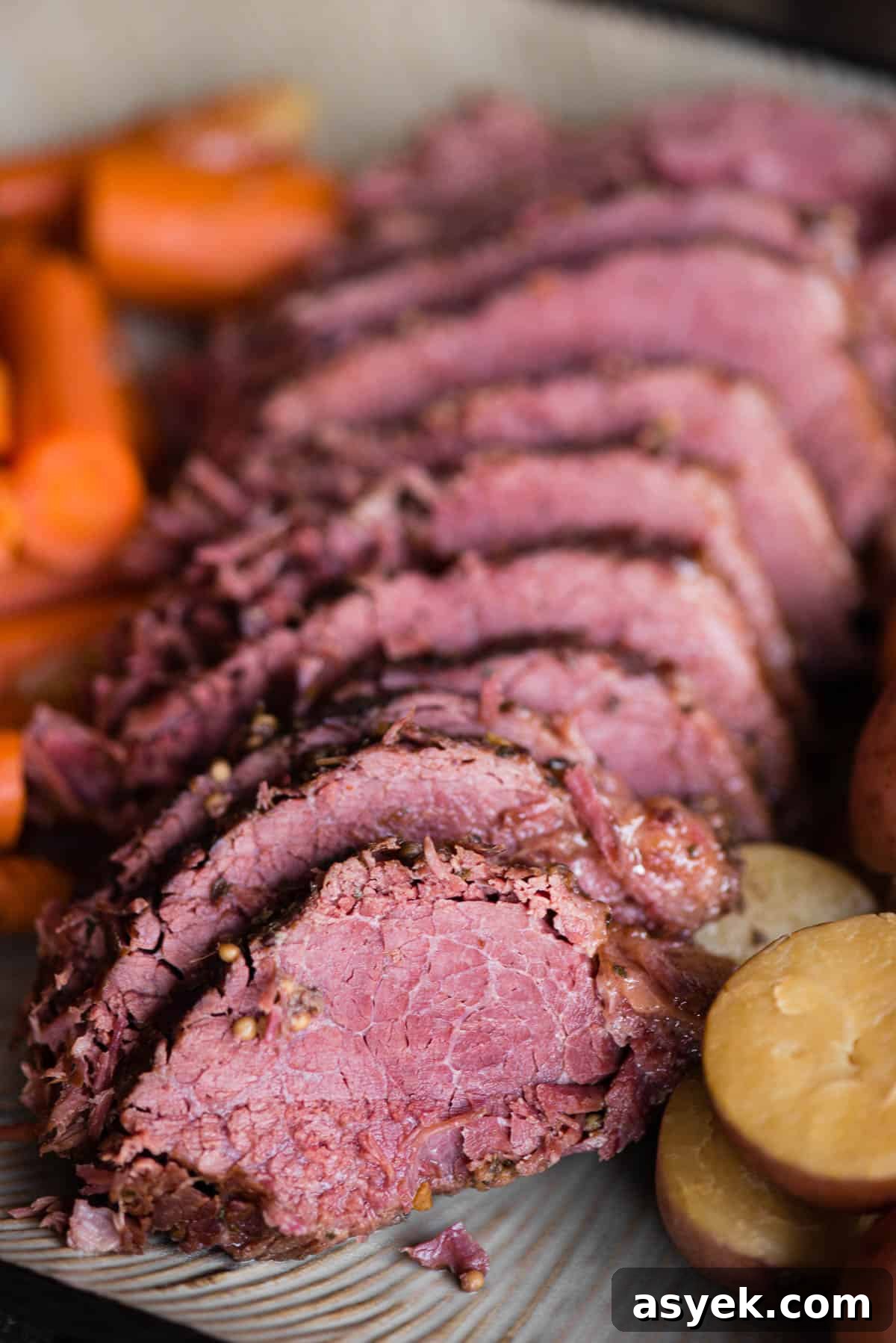sliced Corned Beef with potatoes and carrots