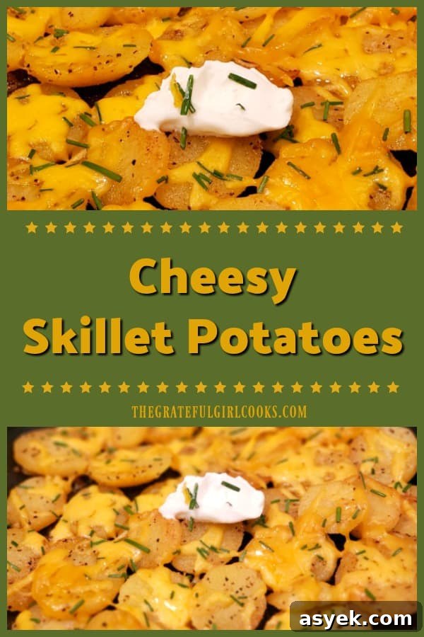 Cheesy Skillet Potatoes - The Grateful Girl Cooks! Cheesy Skillet Potatoes are made with Yukon Gold or Butterball potatoes, seasoned w/ butter, spices & cheese, served w/ chives & sour cream.
