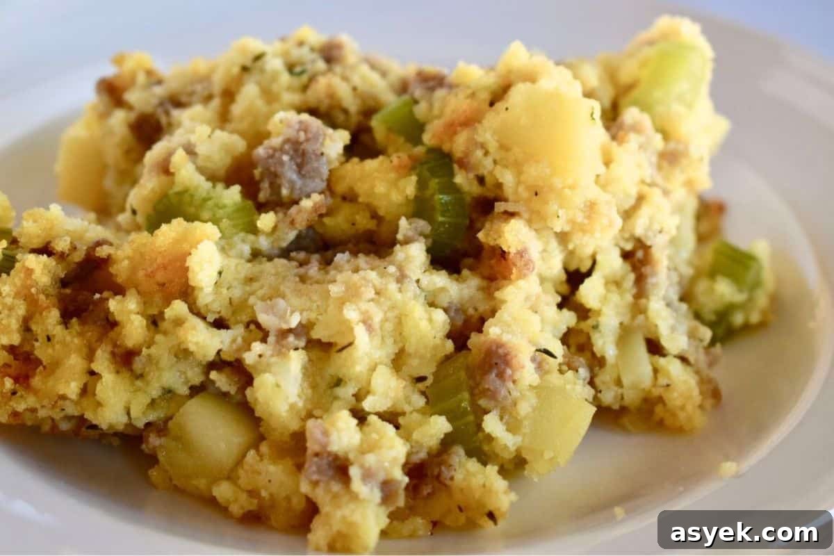 Savory Cornbread Stuffing with Sausage and Apples 3 Plate of cornbread stuffing with sausage, apple, celery, and onion.