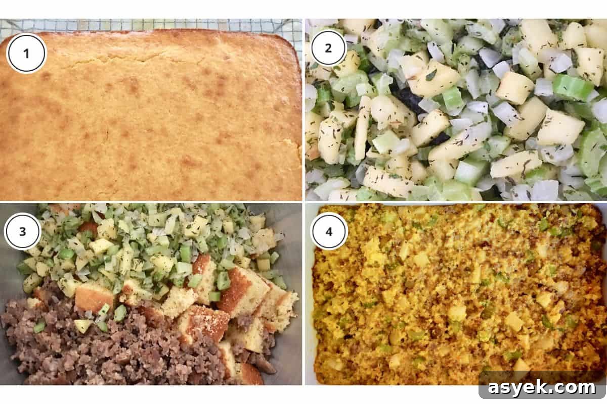 Savory Cornbread Stuffing with Sausage and Apples 5 Process shots showing mixing ingredients in a large bowl.