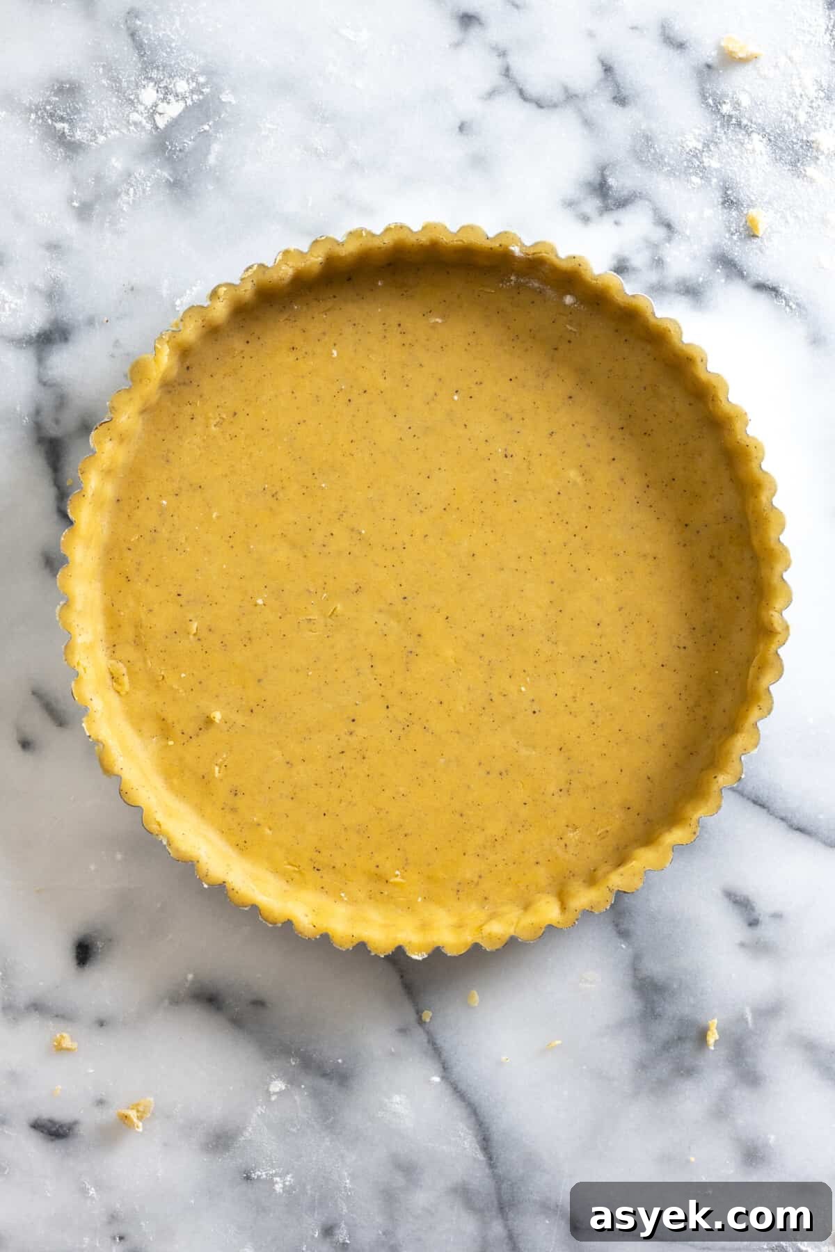 Rolled out tart dough in tart pan