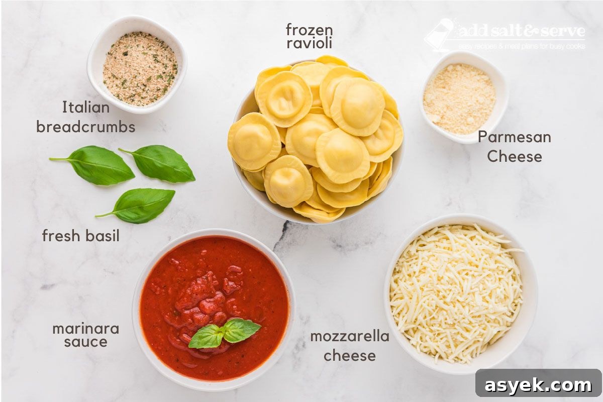 Bake Frozen Ravioli Without Boiling 3 Ingredients for Baked Frozen Ravioli: frozen ravioli, breadcrumbs, Parmesan cheese, marinara sauce, mozzarella cheese, and fresh basil.