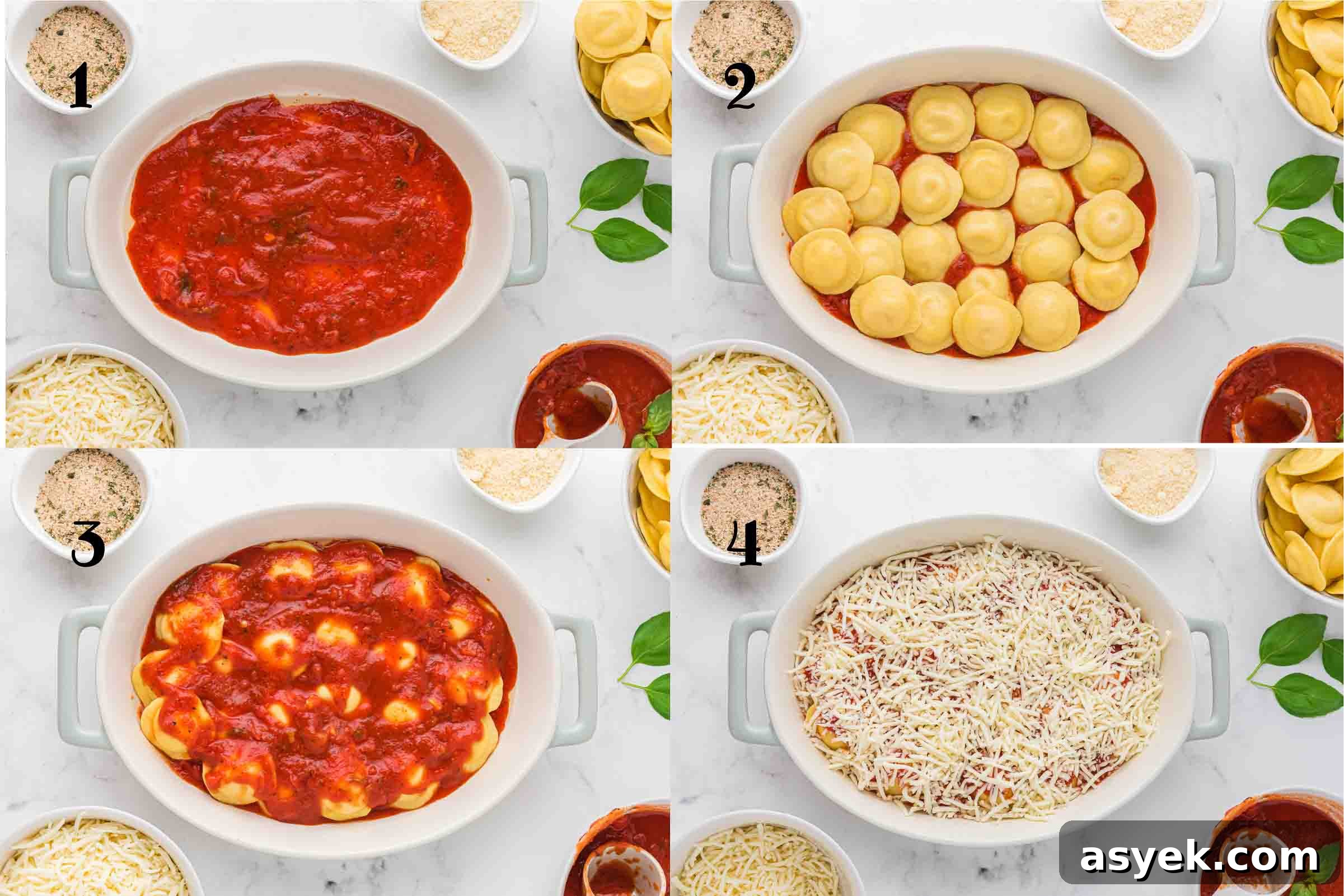 Bake Frozen Ravioli Without Boiling 4 Step-by-step images showing ravioli layered with marinara and cheese in a baking dish.
